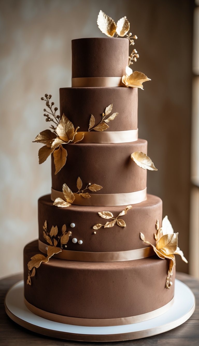 A multi-tiered brown wedding cake with gold decorations on a neutral background.